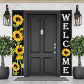 Sunflower Welcome Hanging Banners Spring Porch Banners Flags Summer Door Hanging Decorations For Front Door Garden Home Yard Sunflower Party Decorations(Black Background)