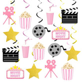 Movie Night Party Decorations,Pink Movie Theme Hanging Swirl Decorations,Cute Popcorn Foil Swirls Ceiling For Baby Shower Birthday Party Film Party Supplies Family Party Girls Boys