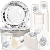 150 Pcs 70S Disco Party Supplies Silver Disco Ball Paper Dinner Plates, Paper Cups, Cocktail Napkins For Wedding Picnic Travel(White And Silver)
