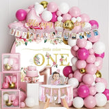 Girl's 1st Birthday Decor Set β Pink Gold Balloons, Banner, Backdrop, Crown & More