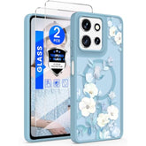 For Motorola Moto G Power 5G 2025 Floral Phone Case With 2X Screen Protector, Military Grade Magnetic Translucent Matte Girls Women Flower Pattern Protective Cover (Blue)