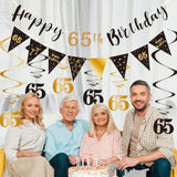 65th Birthday Decoration Kit, Black & Gold Banner Bunting Swirls Streamers Set