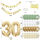 30Th Birthday Decorations For Women Men, Happy Banner With Cake Topper Number 30 Foil Balloon, Sage Green White Gold Balloons For 30 Year Old Party Decoration