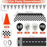 Race Car Party Decorations, 61 Pcs Set-12 Traffic Cones And 24 Racing Checkered Flags, 6.5Ft Racetrack Floor Runner And 9.8Ft Checkered Race Track Banner, Tablecloth, Balloons And Ribbons