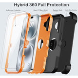 Heavy Duty Shockproof iPhone 16 Case with Belt Clip Holster, 2X Screen Protectors, 3 Layers Full Covered Rugged Durable Phone Cover with Kickstand 6.1" Black Orange