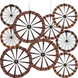 9 Pcs Western Cowboy Party Decorations Paper Fans Wagon Wheels Straw Hay Bales Hanging Ceiling Wall Decor For Country Western Themed Rodeo Farm Birthday Party Supplies (Wagon Wheels)