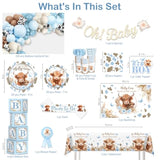 241Pcs Highland Cow Baby Shower Decorations For Boy, One-Stop Package Includes 40 Plates 2 Tablecloths 1 Sash And 1 Pin, Complete Balloon Arch Tableware Set For Baby Shower