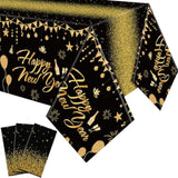 3 Pcs Happy New Year 2026 Tablecloths 54x108in Black Gold Disposable