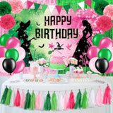 Pink And Green Birthday Party Decorations, Witch Themed Happy Birthday Backdrop Banner Balloons Paper Pom Poms Paper Tassel Foil Fringe Curtains For Girls Princess Birthday Party Supplies Decorations