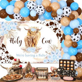 Highland Cow Baby Shower Decorations For Boy - Blue Balloon Garland Arch Kit With Holy Cow Backdrop, Boho Floral Highland Cattle Baby Shower Party Supplies