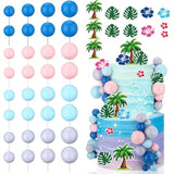 72 Pcs Cartoon Birthday Cake Topper Hawaiian Cake Topper Decoration With Balls Pink Blue Birthday Decoration Hawaiian Tropical Flower Decor Baby Shower Party Supplies