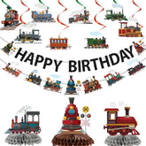 Train Birthday Party Decorations - 13Pcs Vintage Train Birthday Decorations Glitter Banners Hanging Swirls Honeycomb Centerpieces Retro Transportation Railroad Crossing Party Supplies Decor