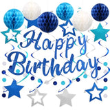 Birthday Decorations, No Diy, Pre-Strung Happy Birthday Banner With Honeycomb Balls, Hanging Swirls, Circle Dots Garland, Party Decorations For Women Men Boys Girls (Blue)