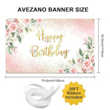 Rose Gold Birthday Backdrop For Women Pink Floral Golden Flash Happy Birthday Party Decorations Flower Glitters Birthday Banner 70.8 X 43.3 Inch