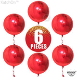 Big, 22 Inch Red Metallic Balloons - Pack Of 6 | Round Sphere, 360 Deg