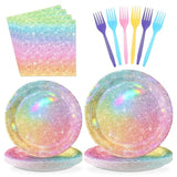 96 Pcs Rainbow Party Decorations Iridescent Rainbow Plates Party Supplies Disposable Pastel Paper Plates And Napkins For Girls Birthday Wedding Baby Shower Serves 24