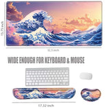 Gaming Mouse Pad With Wrist Support Japanese Sea Wave Desk Mat Large Mousepad And Keyborad Wrist Rest 31.5" X 15.75" Computer Mat Xxl Mouse Mat For Office Work