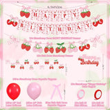 Pink Bow Strawberry Birthday Party Decor Strawberry Bows Happy Birthday Banner Cake Topper Balloons For Girls Trendy Berry First 1St Bday Decor Strawberry Themed Berry Sweet Baby Shower Party Supplies