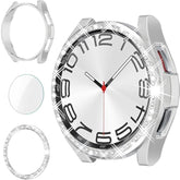 3 In 1 Bling Screen Protector For Galaxy Watch 6 Classic 43Mm With Tempered Glass, Plating Hard Pc Bumper Silvery Full Protective Gems Cover For Samsung Watch 6 Classic Sm-R950