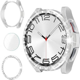 3 In 1 Bling Screen Protector For Galaxy Watch 6 Classic 43Mm With Tempered Glass, Plating Hard Pc Bumper Silvery Full Protective Gems Cover For Samsung Watch 6 Classic Sm-R950
