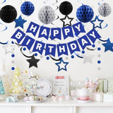 Birthday Decorations, Happy Birthday Banner With Honeycomb Balls, Star Hanging Swirl Streamer, Circle Dot Garland, Happy Birthday Party Decorations For Women Men Boys Girls (Blue & Silver)