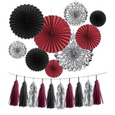 24Pcs Maroon Decorations Burgundy Black Silver Party Decor Tassel Garland Banner Paper Flower Fans Streamers Wall Hanging Backdrop Graduation Wedding Birthday Bridal Shower