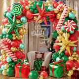 Christmas Balloon Arch Kit, 179PCS Red Green Gold Balloon Garland with Candy Cane, Gift Box, Exploding Star Foil Balloons for Christmas Party Decorations, Holiday Backdrop
