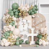 Baptism Theme Party Decorations Balloons Kit,145 Pcs Sage Green White Sand Gold Balloons Arch For First Holy Communion Decorations God Bless Christening Party Birthday Baby Shower Wedding Decoration