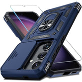 Compatible With Samsung Galaxy S25/S24 Case Built In Slide Camera Lens Cover+Screen Protector+Finger Ring Holder Kickstand,Heavy Duty Shockproof Full Body Protective Phone Cover,Blue