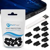 PortPlugs USB C Dust Plug Cover – for iPhone 17, 16, 15, Galaxy S24–S8, Kindle, Pixel, Steam Deck, iPad & Type-C Devices – Charger Cover, USB Port Protector, Brush | Black (10-Pack)