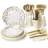 210PCS White & Gold Dot Party Tableware Set – Plates, Cups, Napkins for 30