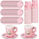 200 Pcs Floral Paper Tea Cups And Saucers 7 Oz Disposable Tea Party Decorations Vintage Cute Paper Tea Cups And Plates With Handles For Girls Wedding Baby Bridal Shower Birthday, Serve 100(Pink)