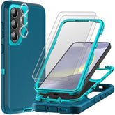 For Samsung Galaxy S24 Plus Case With 2Pcs Tempered Glass Screen Protector And 1Pcs Camera Lens Protector, 3 In 1 Heavy Duty Shockproof/Drop Proof/Dust Proof Case (Blue/Turquoise)