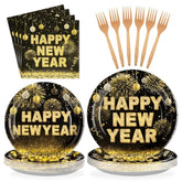 96 Pcs New Years Eve Party Supplies 350 Gsm Black And Gold Happy New Year Tableware Set 2025 Disposable New Years Eve Paper Plates And Napkins For 2025 New Year Party Decorations Serves 24