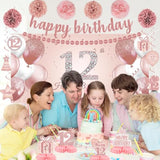 Rose Gold 12th Birthday Decoration Kit: Banner, Pom Poms, Cake Topper