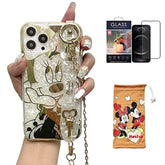 Cartoon Case For Iphone 16 Pro 6.3'' With Hd Screen Protector, With Wrist Strap Kickstand Metal Chain Strap Soft Tpu Shockproof Protective For Girls Women Minnie