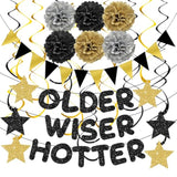 Older Wiser Hotter Triangle Flag Birthday Banner Decorations Kit- Black Gold Glitter Birthday Decors For Men Women 30Th 40Th 50Th 60Th 70Th 80Th Paper Pompoms, Hanging Swirls Party Supplies