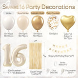 Sweet 16 Birthday Party Decorations, With Happy Birthday Banner Fringe Curtain White Gold Confetti Balloons Number Heart Foil Balloons For Sweet 16 Party Decor
