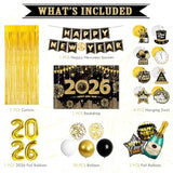 Complete 2026 Black & Gold NYE Decor Set Backdrop, Banner, Fringe & Swirls