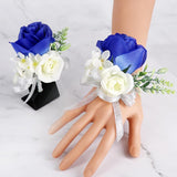Artificial Rose Wrist Corsage And Boutonniere Set Handmade Wedding Flower Accessories With Ribbon Prom Suits Decorations For Bride Bridesmaid (Blue And White)