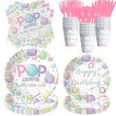 Bubble Birthday Party Decorations Tableware For Girl, Summer Pastel Pop On Over Bubbles Theme Party Supplies For Birthday Baby Shower, Paper Plate, Napkin, Cup, Disposable Cutlery, Serves 24