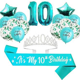 10th Birthday Decorations for Girls, Teal Glitter Sash, Silver Crown, Balloons & More