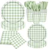 140Pcs Gingham Party Supplies For 20 Guests Thick Paper Plates And Napkins Knives Spoons Forks Cups Disposable Party Set Cutlery For Dinner Baby Shower Wedding Favor (Green)