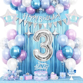 3Rd Snow Birthday Decorations For Girl, Blue Purple Balloons With Happy Birthday Banner Curtain Silver Number 3 Balloon Iridescent Star Foil Balloons For Girls Baby Shower Birthday Party Supplies