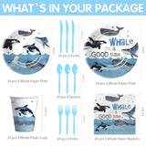Whale Party Decorations Tableware For Birthday Baby Shower - Under The Sea Theme Ocean Whale Birthday Party Supplies, Paper Plate, Napkin, Cup, Cutlery | Serves 24