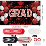 Red and Blcak Graduation Decorations Class of 2026 Banner with Balloons Arch Kit Set - Large 2026 Graduation Backdrop Decor, Red Congratulations Grad Balloons Grad Party Decorations