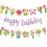 Tulip Birthday Party Banners 3Pcs Spring Floral Banner Purple Tulip Ecorations Spring Birthday Party Decorations For Flower Mom Happy Party Decoration