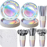 Iridescent Silver Party Supplies Decorations, Holographic Paper Plates And Napkins Set, Disposable Silver Paper Plates Cups Knives Spoons Fork Straw For Disco Bachelorette Birthday Party, Serve 25