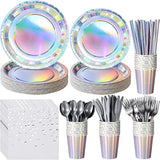 Iridescent Silver Party Supplies Decorations, Holographic Paper Plates And Napkins Set, Disposable Silver Paper Plates Cups Knives Spoons Fork Straw For Disco Bachelorette Birthday Party, Serve 25