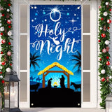 Christmas O Holy Night Door Cover - Navy Blue Nativity Scene Banner For Xmas Party Supplies